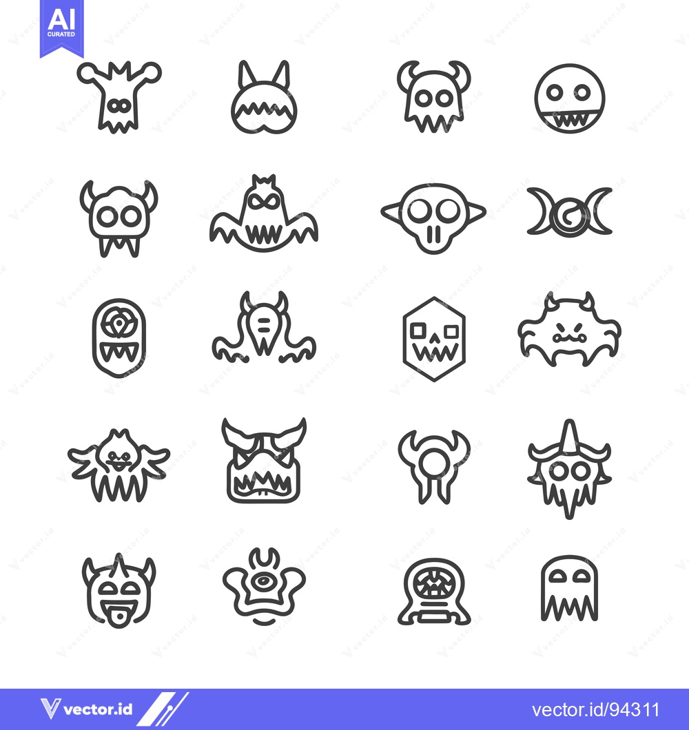 Premium Vector dari Set of 16 Line Art Monsters with Different Expressions and Features