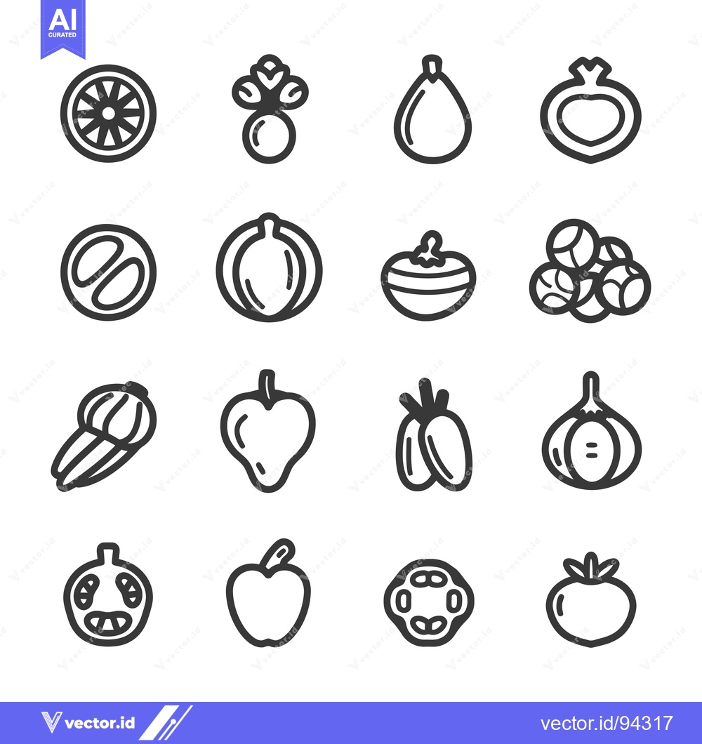 Premium Vector dari Set of 16 Line Icons Depicting Various Types of Fruits and Vegetables