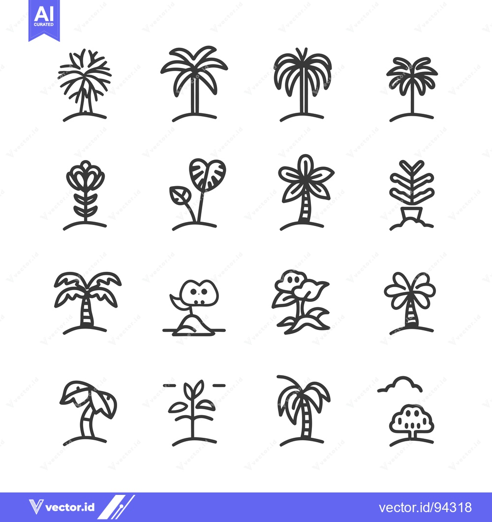 Premium Vector of Set of 16 Line Icons Depicting Various Types of Trees and Plants