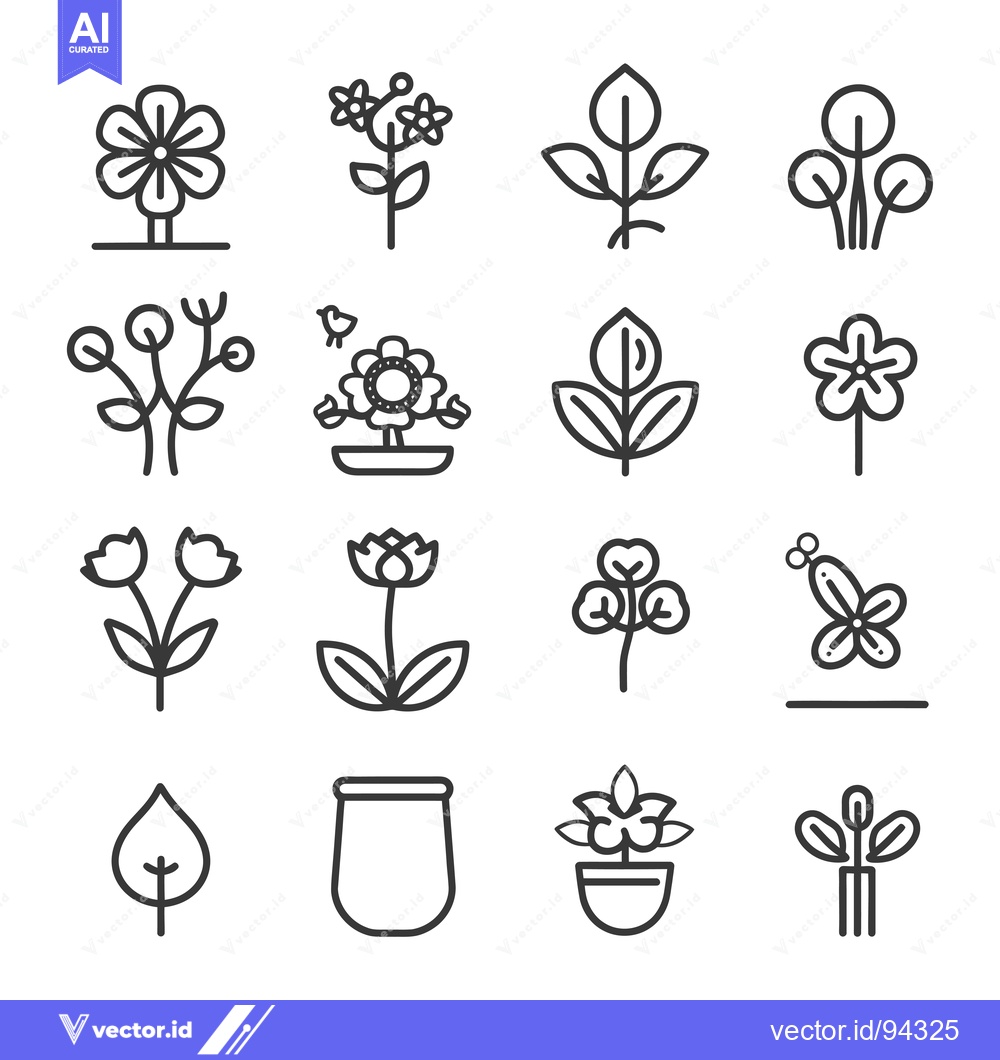 Premium Vector of Set of 16 Line Icons for Different Flowers and Plants