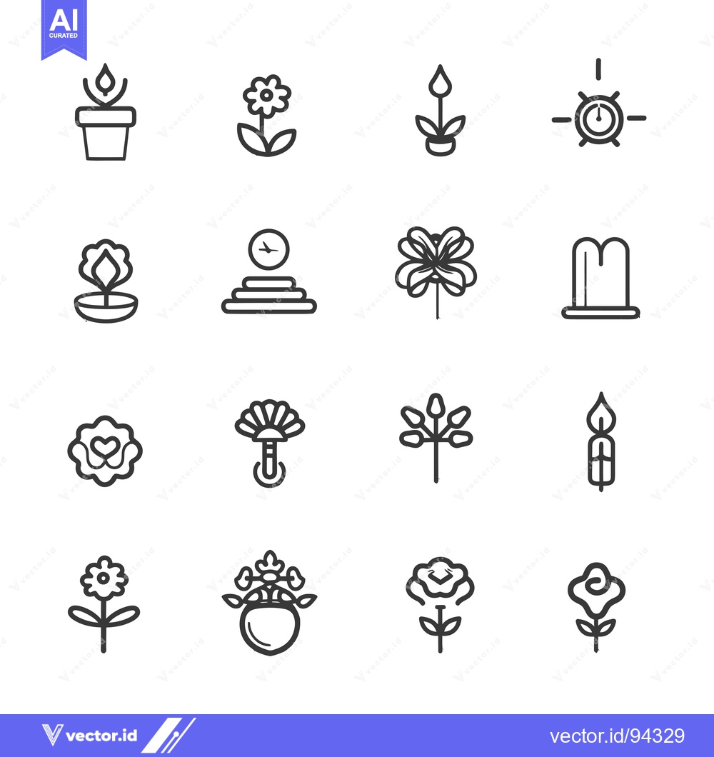 Premium Vector of Set of 16 Line Icons for Flowers, Plants, and Time