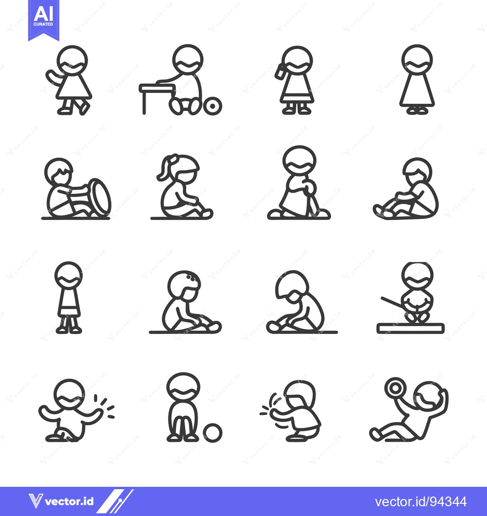 Premium Vector dari Set of 16 Line Icons of Children Playing and Sitting