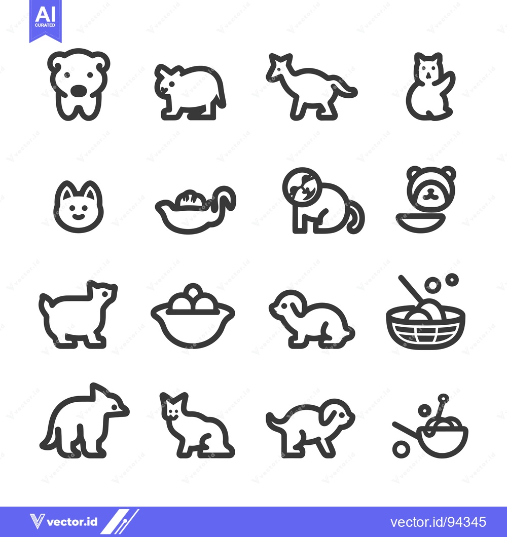 Premium Vector of Set of 16 Line Icons of Cute Animals and Pet Accessories