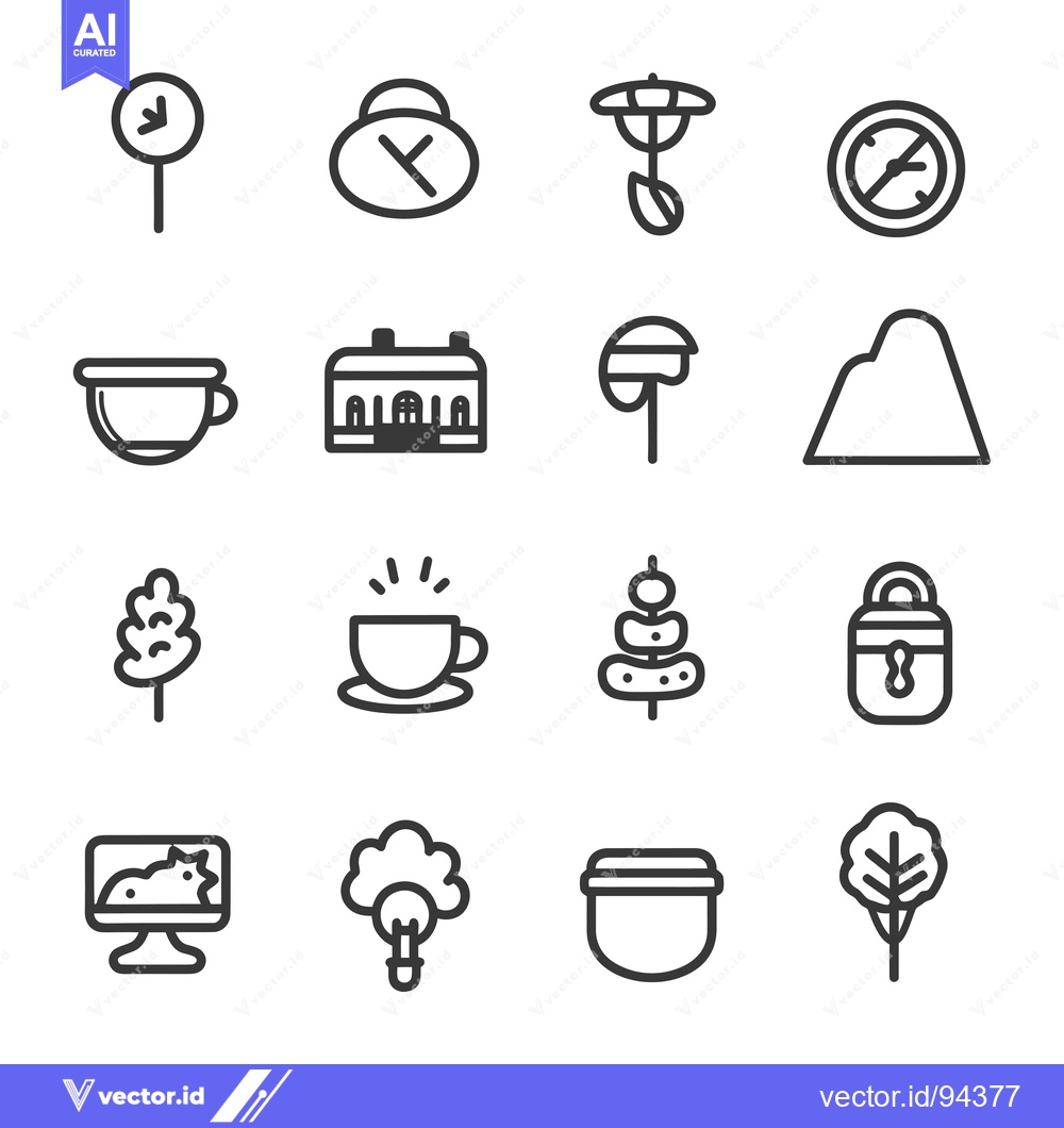 Premium Vector of Set of 16 Line Icons Related to Time, Coffee, Nature, and Buildings