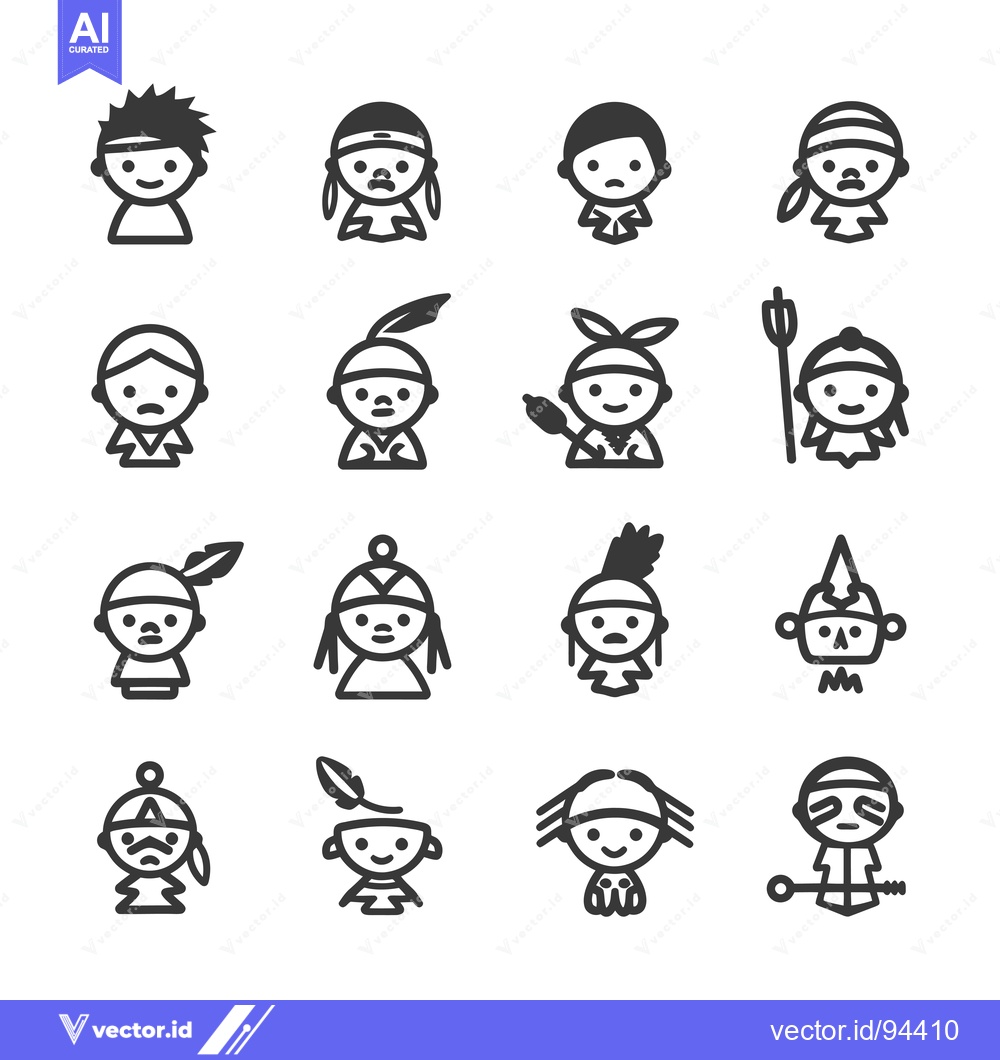 Premium Vector of Set of 16 Native American Cartoon Characters in Line Art Style