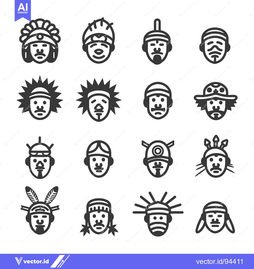 Premium Vector dari Set of 16 Native American Head Icons