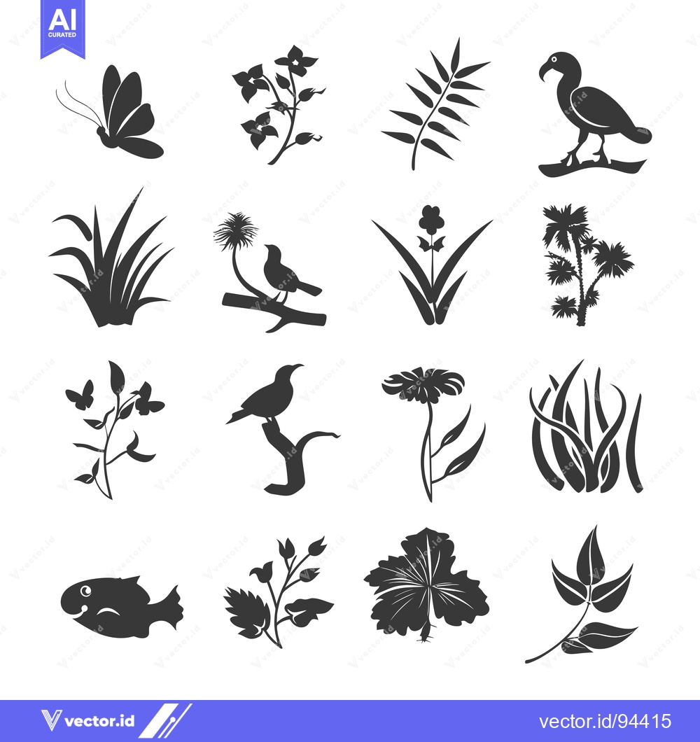 Premium Vector of Set of 16 Nature Black Silhouette Icons Including Birds, Butterflies,