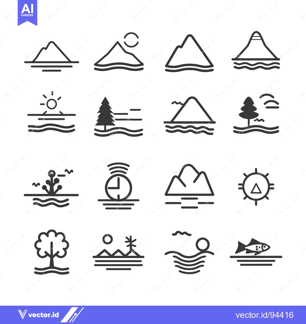 Premium Vector dari Set of 16 Nature Icons with Mountains, Water, Sun, and Trees