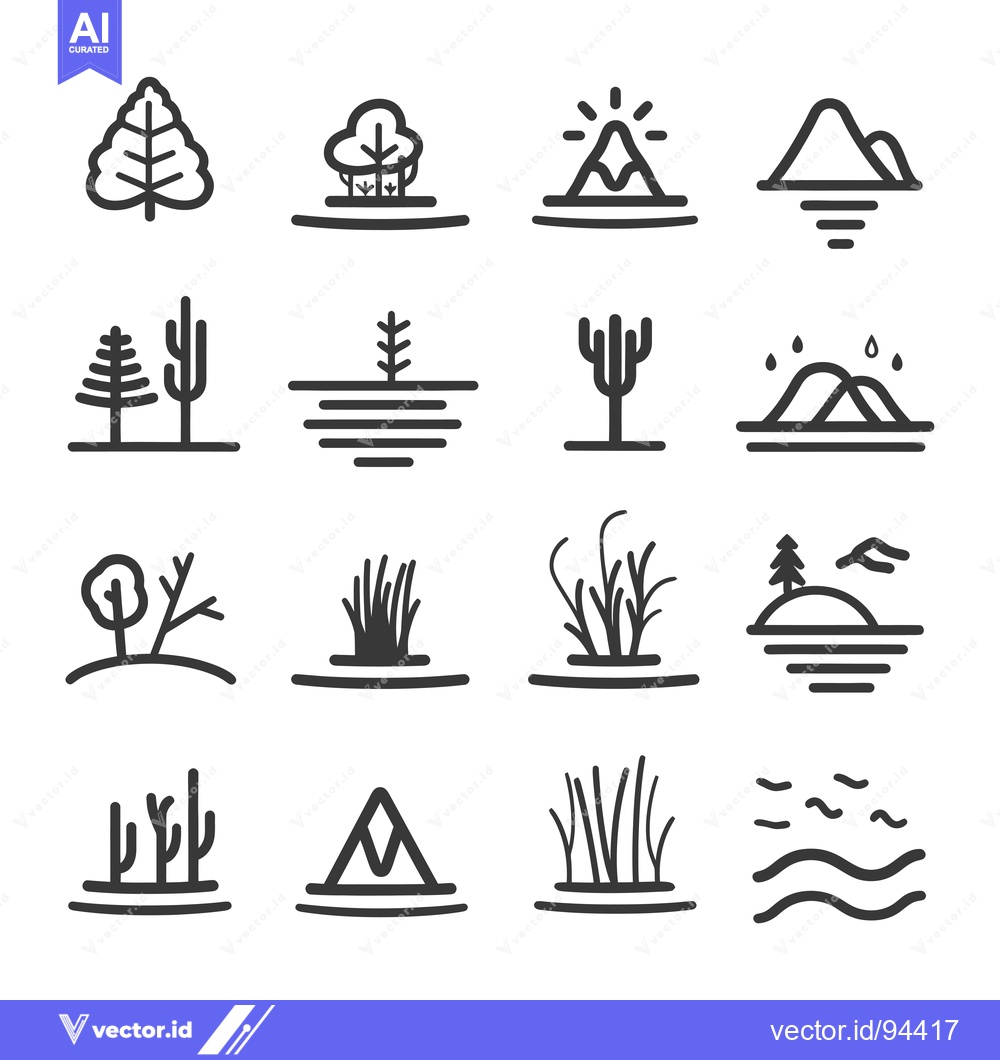 Premium Vector dari Set of 16 Nature Icons with Trees, Mountains, and Grass