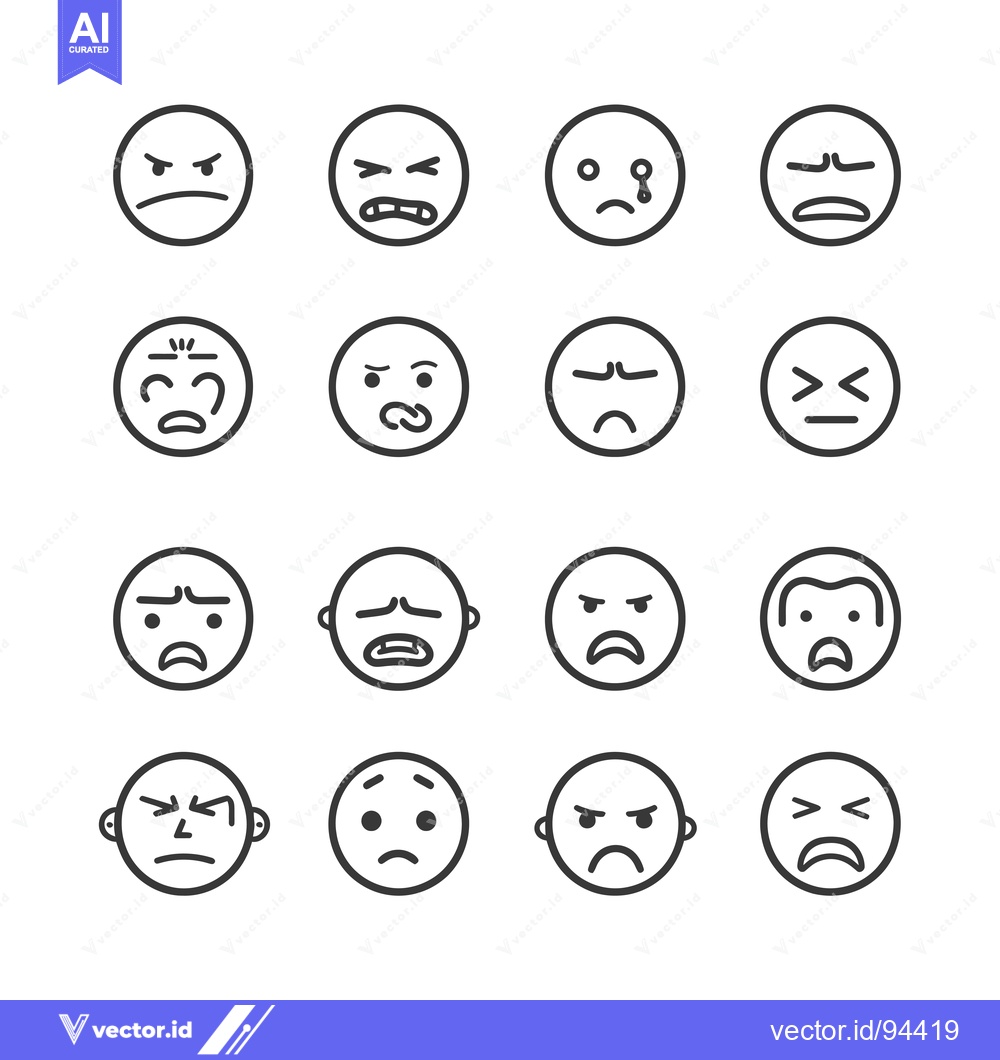 Premium Vector of Set of 16 Negative Emotion Emojis in Line Art Style