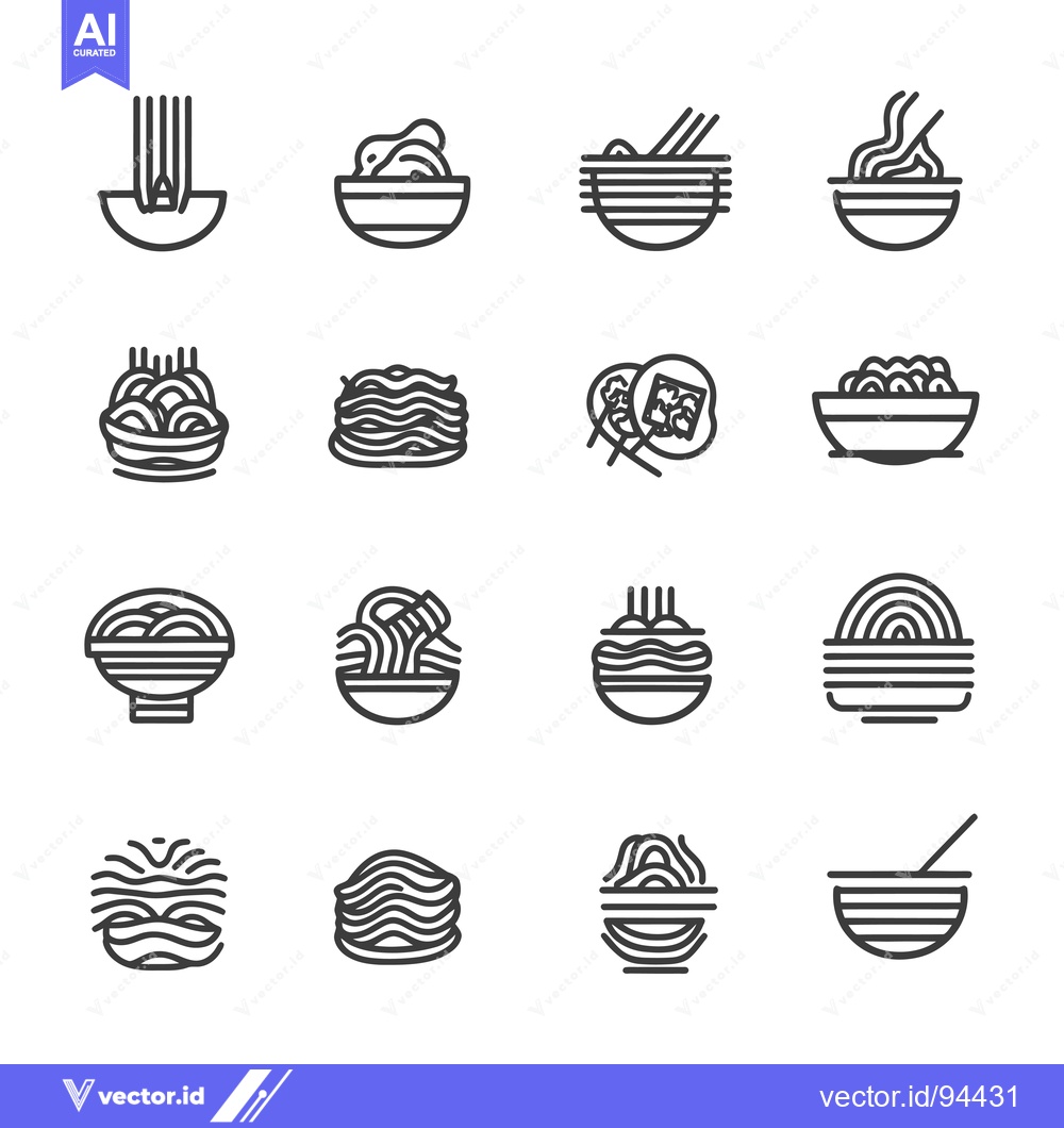 Premium Vector dari Set of 16 Outline Icons of Different Noodles in Bowls