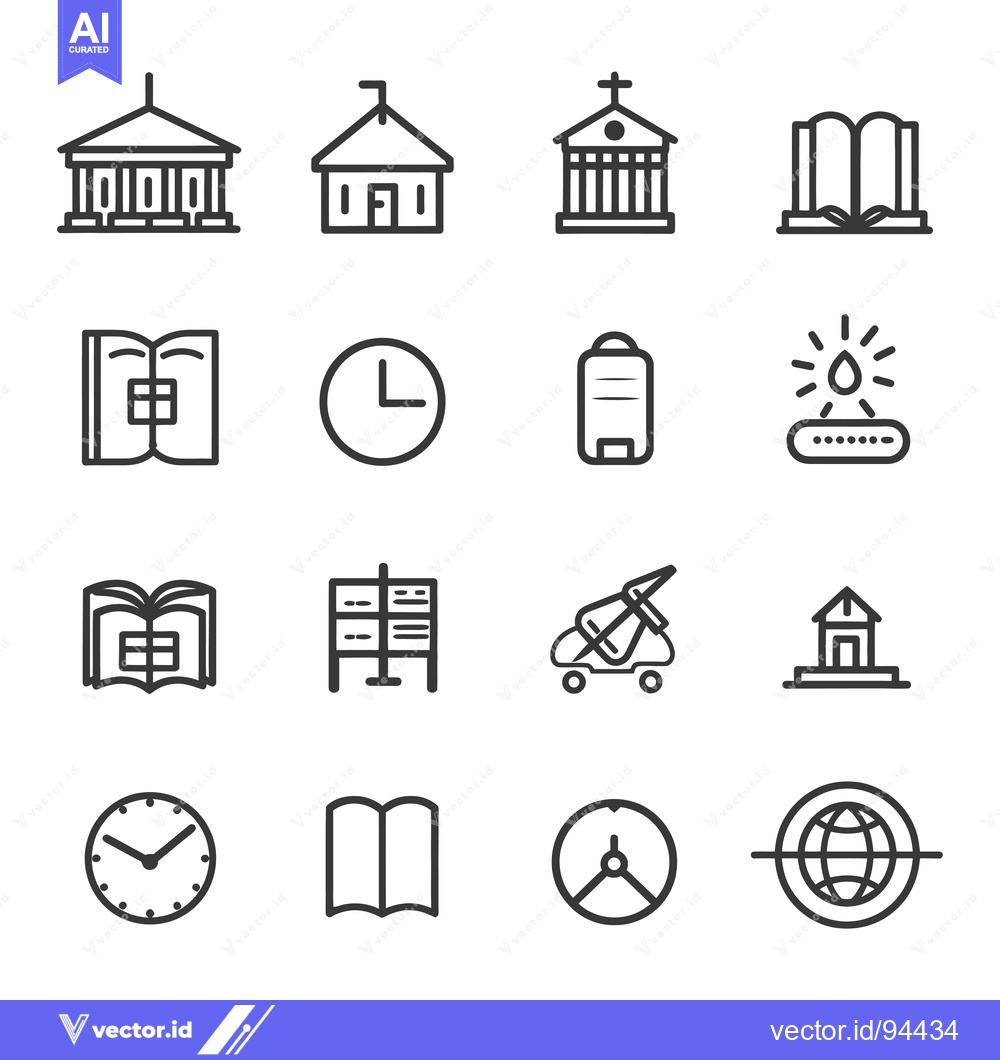 Premium Vector of Set of 16 Outline Icons Related to Education, Time and Religion