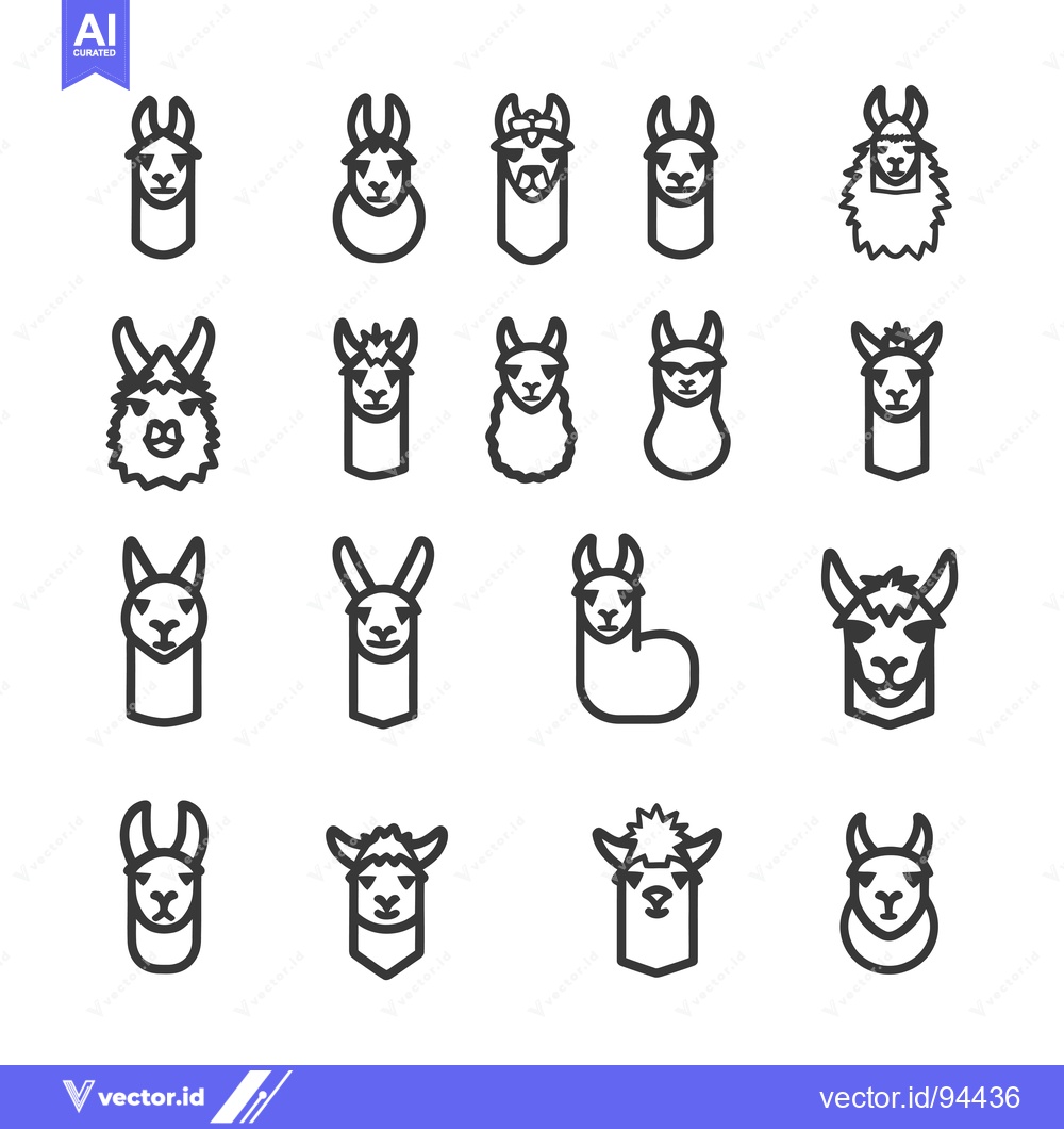 Premium Vector dari Set of 16 Outline Llamas with Different Facial Expressions and Feature