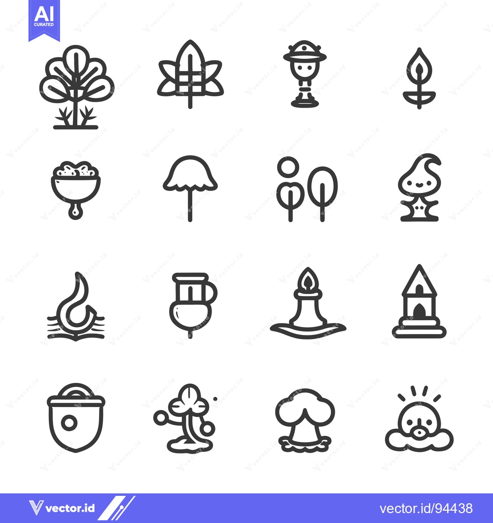 Premium Vector of Set of 16 Outline Nature Icons with Various Plants, Trees, and Element