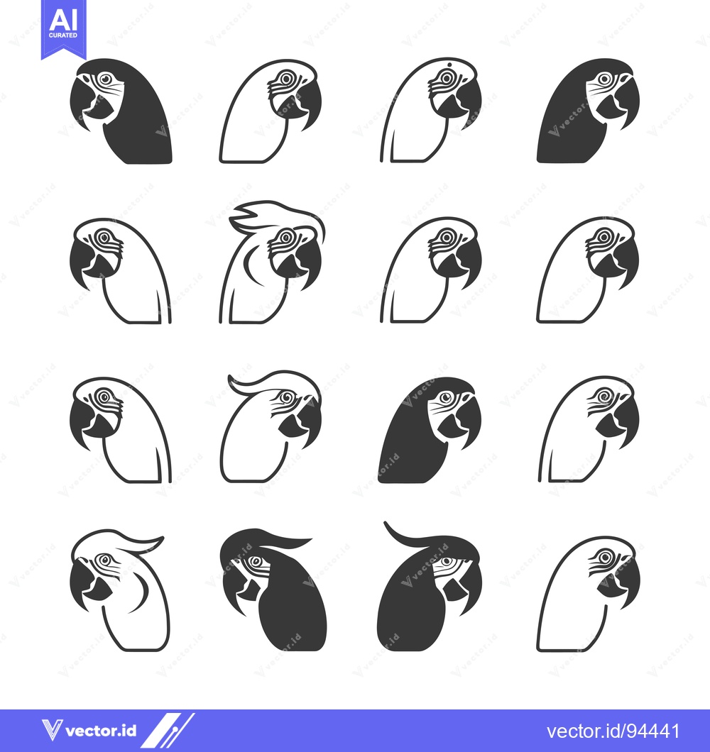 Premium Vector of Set of 16 Parrot Head Icons in Black and White Design