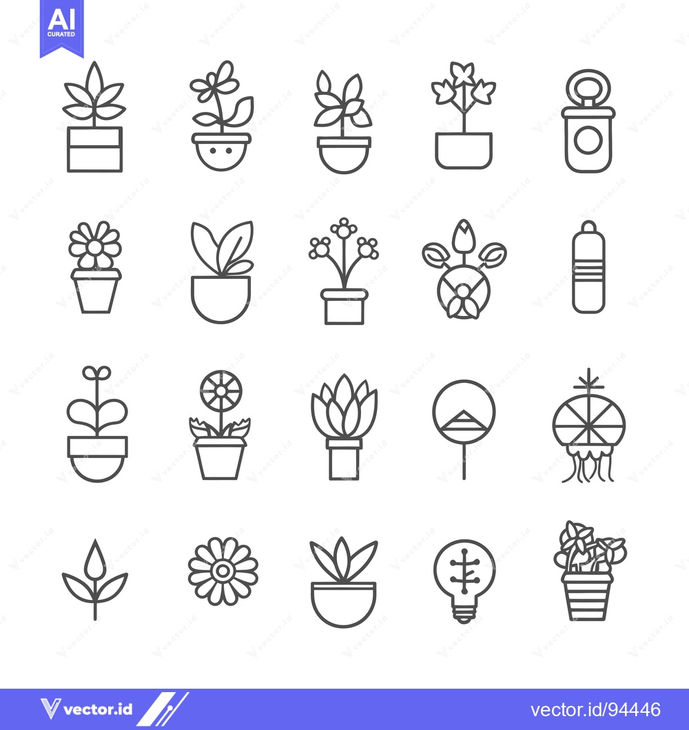 Premium Vector of Set of 16 Potted Plant Line Icons with a Sprout, Flower, and Lightbulb