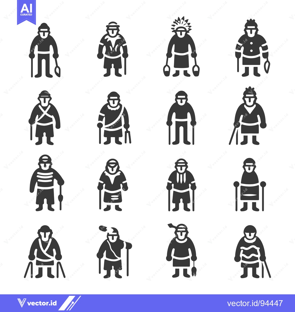 Premium Vector of Set of 16 Primitive Human Icons in Black and White