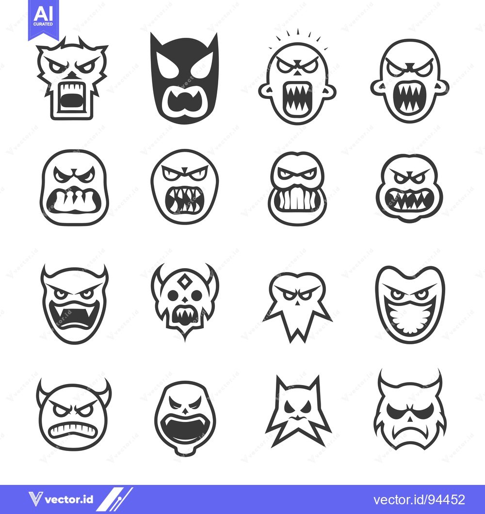 Premium Vector of Set of 16 Scary Monster Heads with Various Expressions
