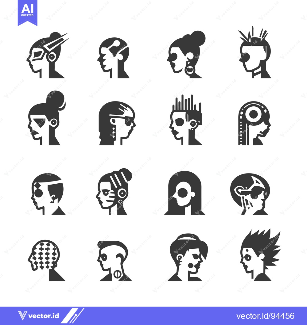 Premium Vector of Set of 16 Silhouette Icons of Unique Human Heads with Different Hairst