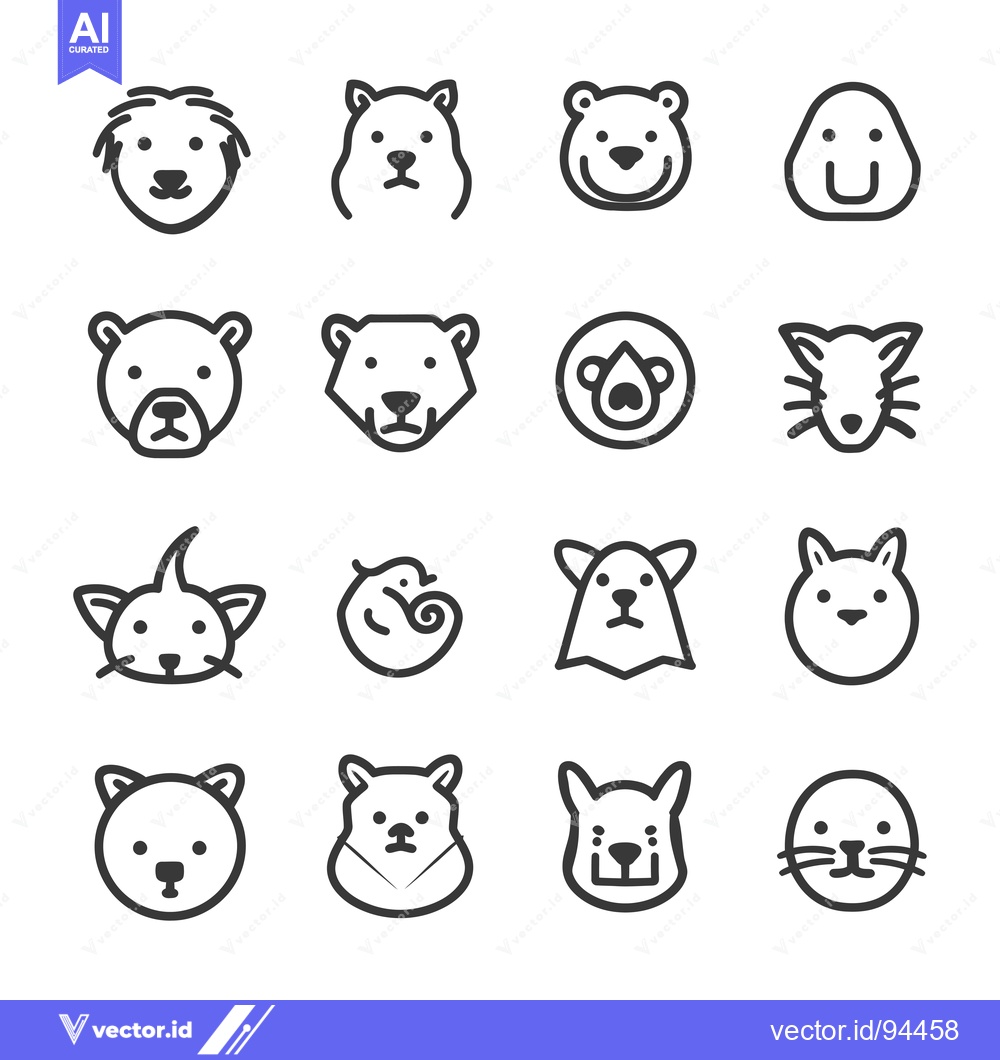 Premium Vector of Set of 16 Simple Animal Head Icons in Black and White