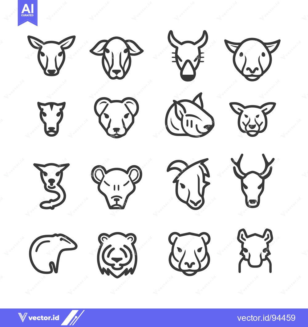 Premium Vector of Set of 16 Simple Animal Head Icons in Outline Style