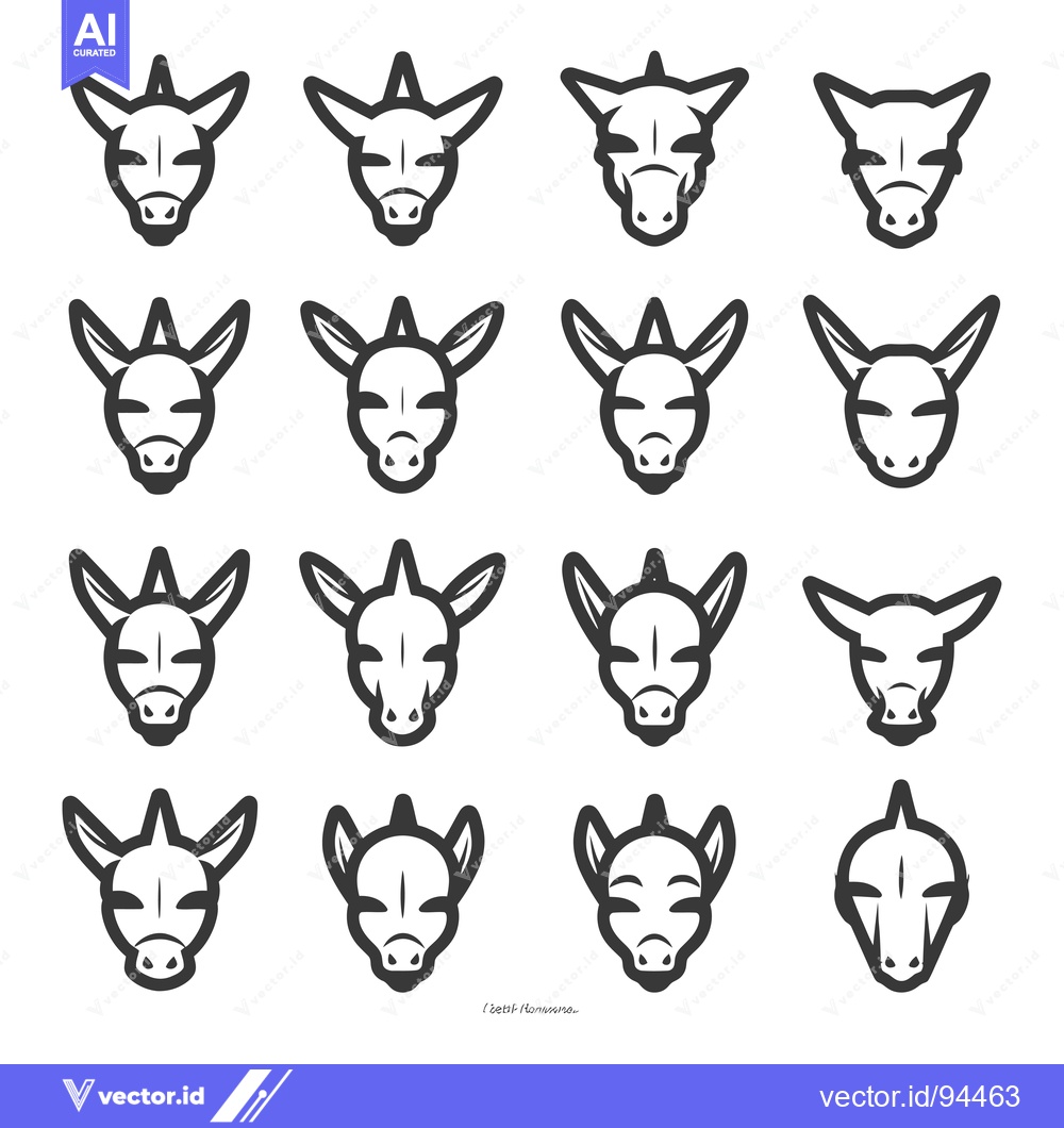 Premium Vector dari Set of 16 Simple Black and White Donkey Heads