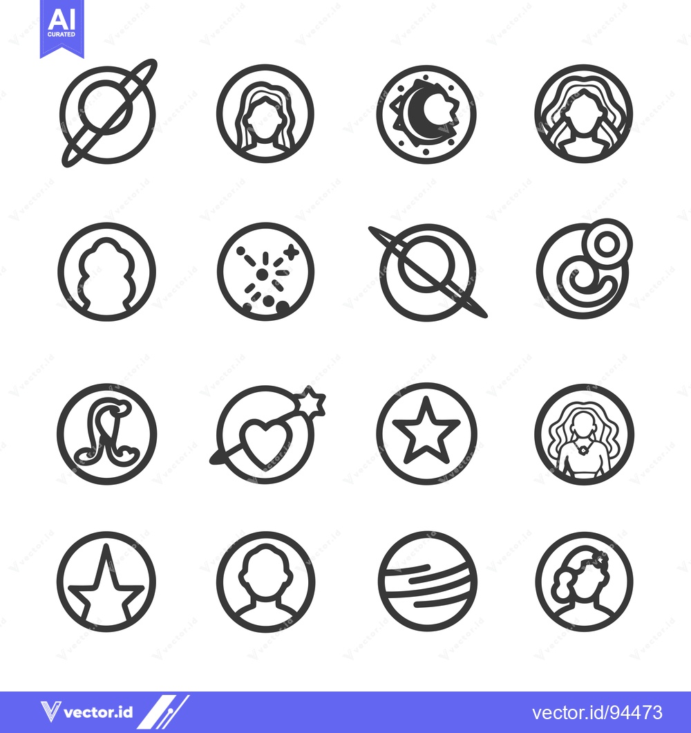 Premium Vector dari Set of 16 Simple Circular Line Icons Depicting Zodiac Signs, Hearts, S