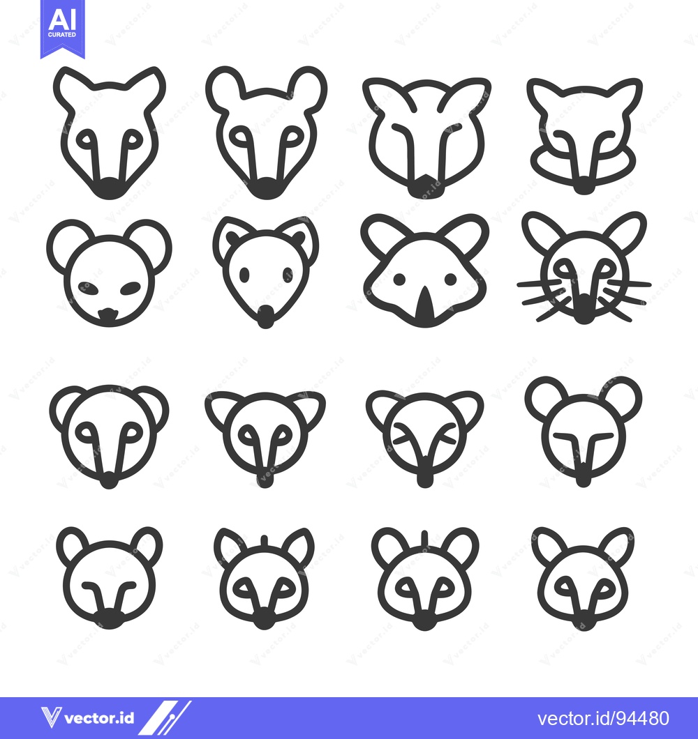 Premium Vector dari Set of 16 Simple Line Animal Head Icons, Including Mice, Foxes, and Ra