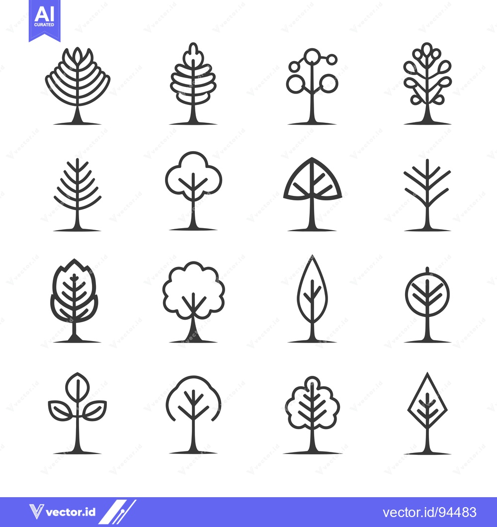 Premium Vector dari Set of 16 Simple Line Art Tree Icons with Different Styles