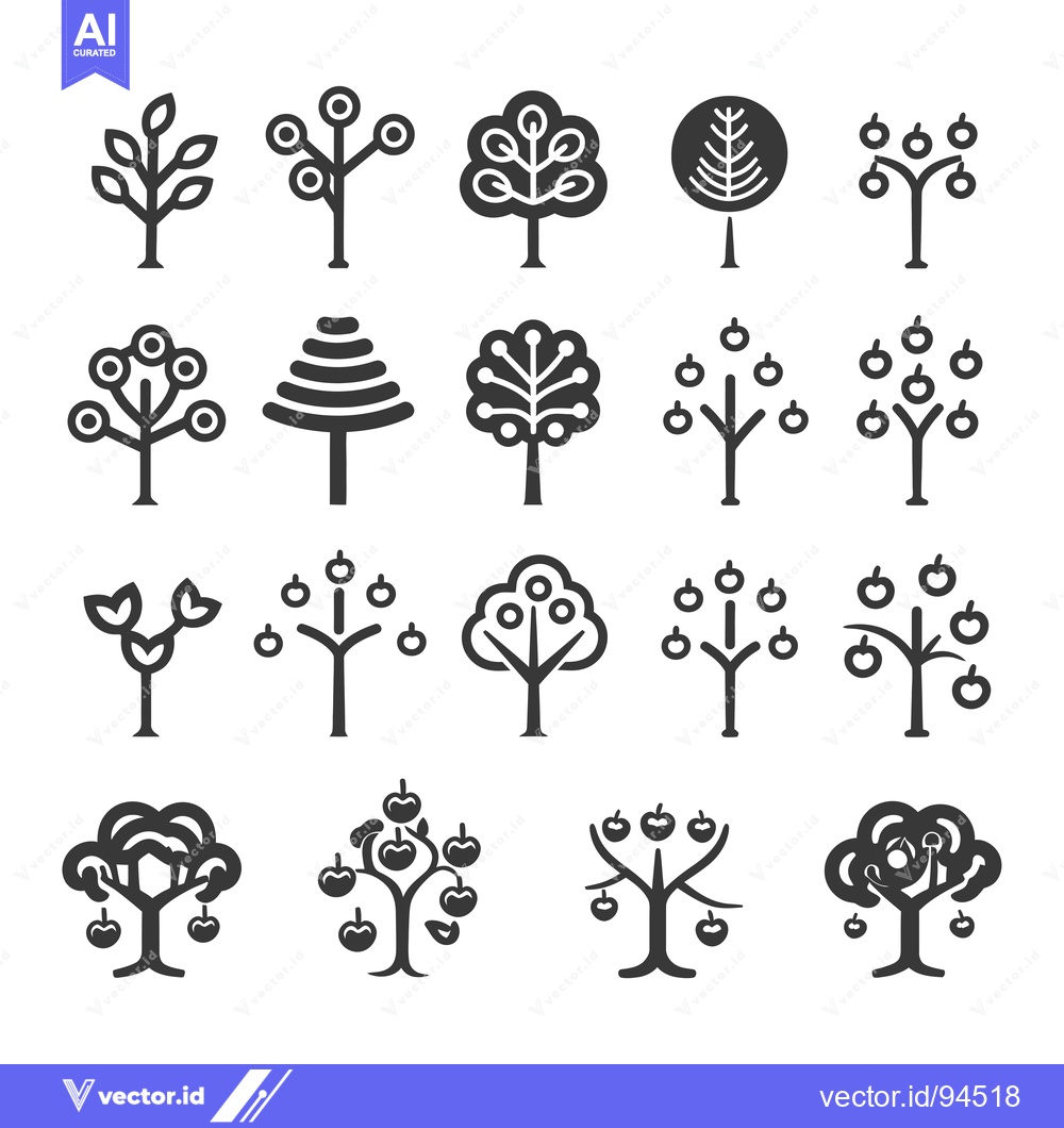 Premium Vector dari Set of 16 Simple Tree Icons with Different Shapes and Fruit