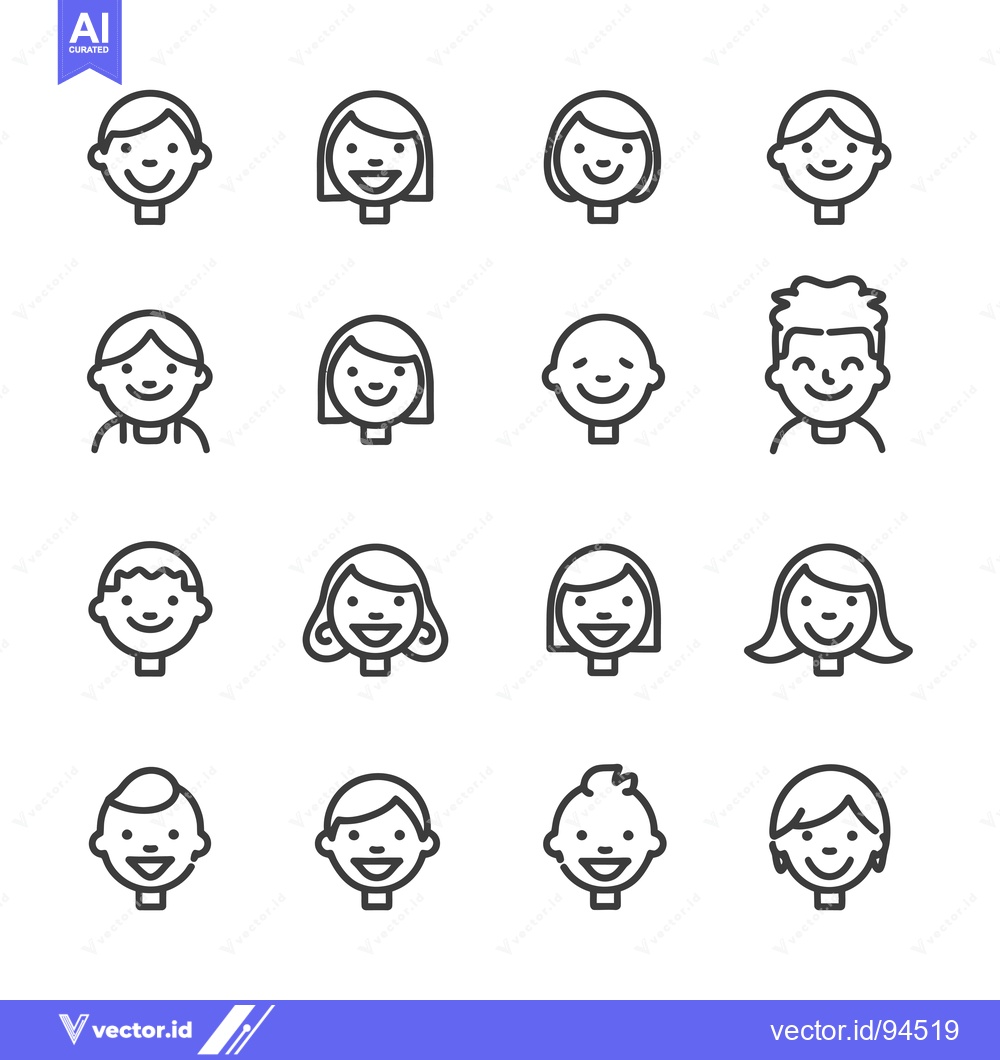 Premium Vector of Set of 16 Smiling Human Face Icons with Different Hair Styles