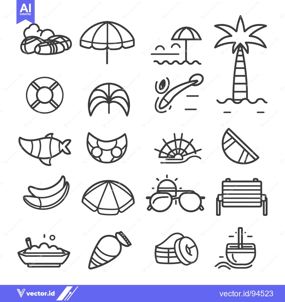 Premium Vector of Set of 16 Summer Beach Holiday Themed Line Icons