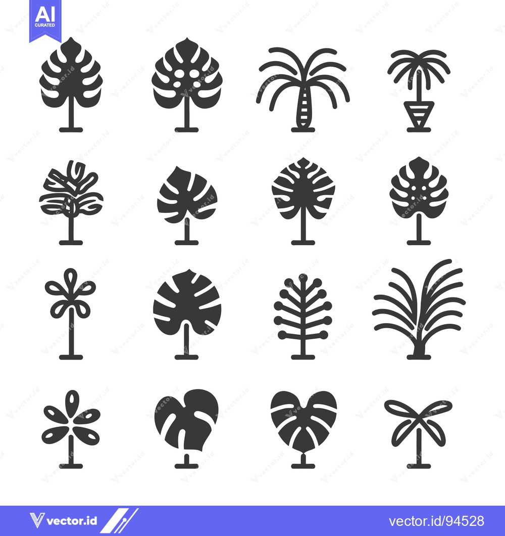 Premium Vector of Set of 16 Tropical Plant Icons, Black Silhouette