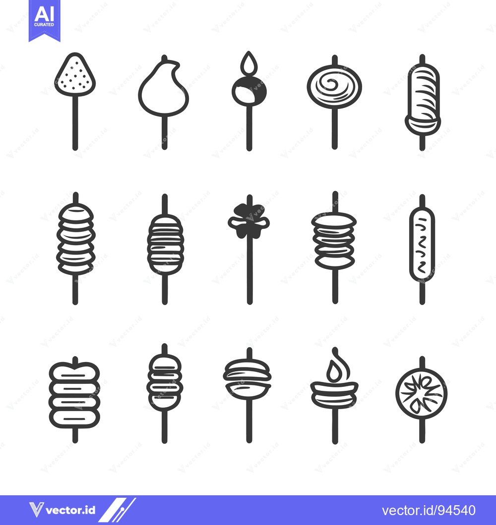 Premium Vector dari Set of 18 Black and White Skewer Food Icons