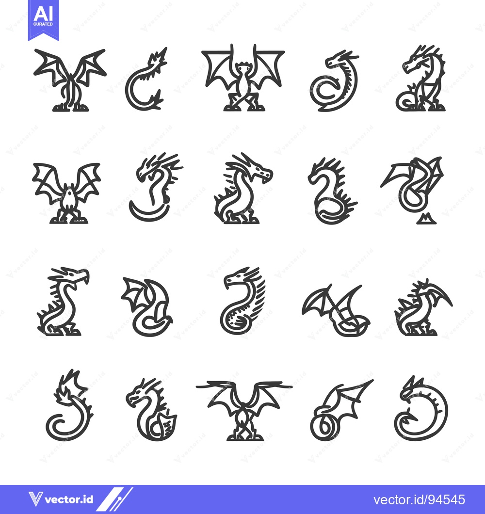 Premium Vector of Set of 18 Dragon Line Icons in Different Poses