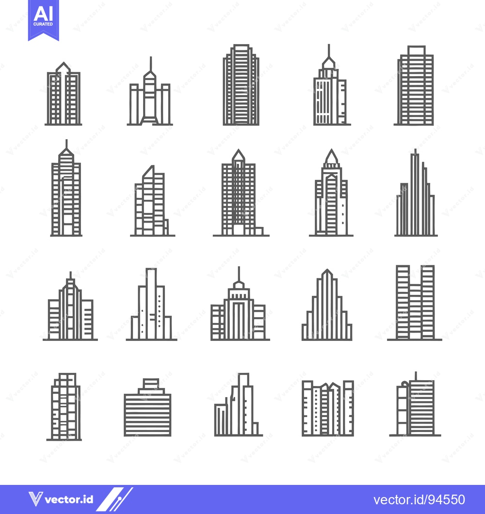 Premium Vector dari Set of 18 Line Art Skyscraper Building Icons