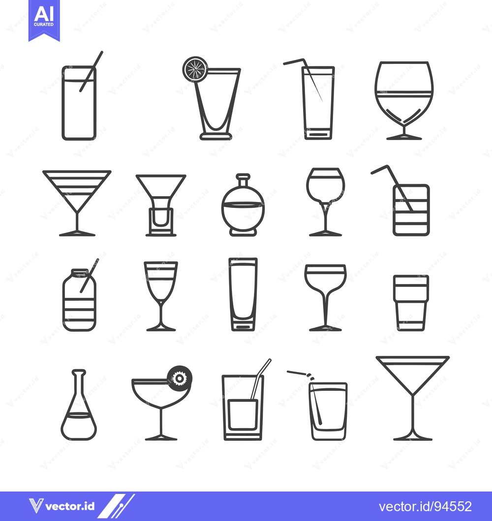 Premium Vector dari Set of 18 Line Icons of Different Glassware for Drinks