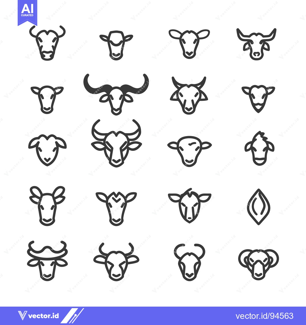 Premium Vector dari Set of 19 Line Icons of Different Cattle Animal Heads