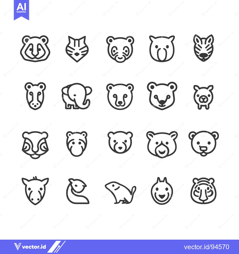 Premium Vector of Set of 20 Animal Head Icons in Black and White Line Style
