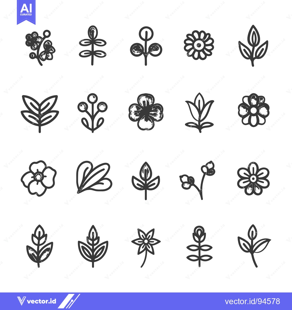 Premium Vector dari Set of 20 Black and White Floral Icons with Leaves, Stems, and Flowers