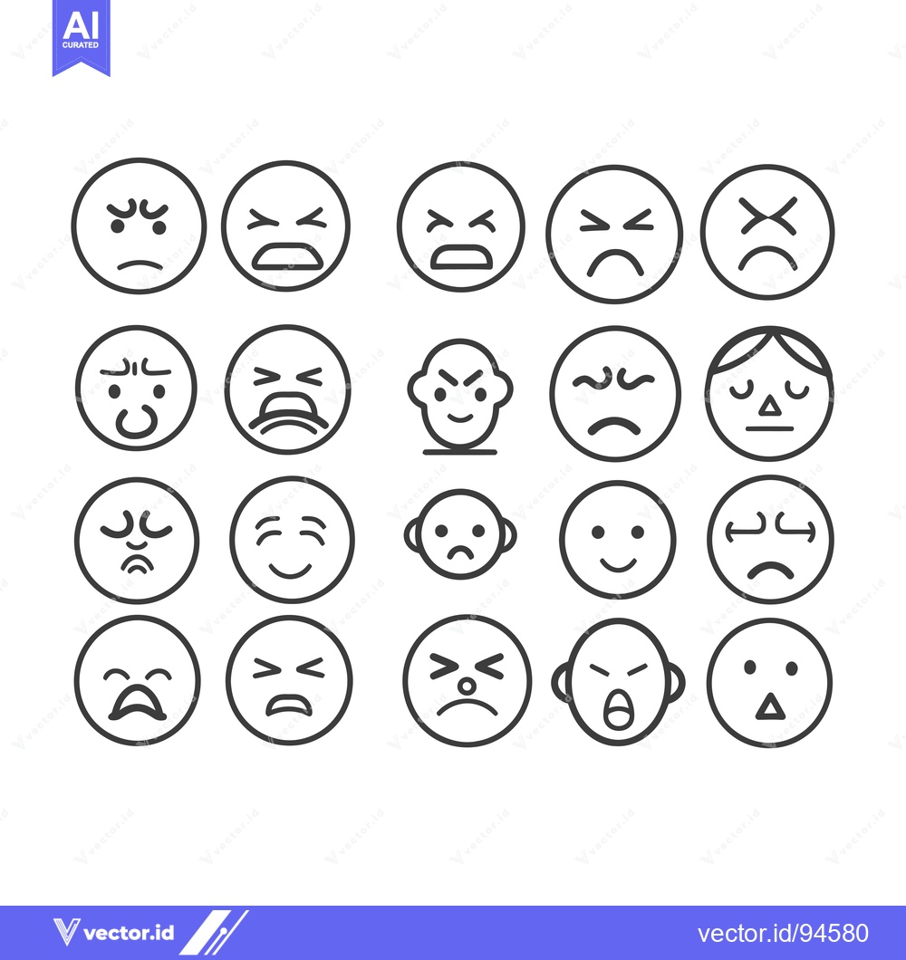 Premium Vector dari Set of 20 Black and White Line Drawn Emojis with Negative Expressions