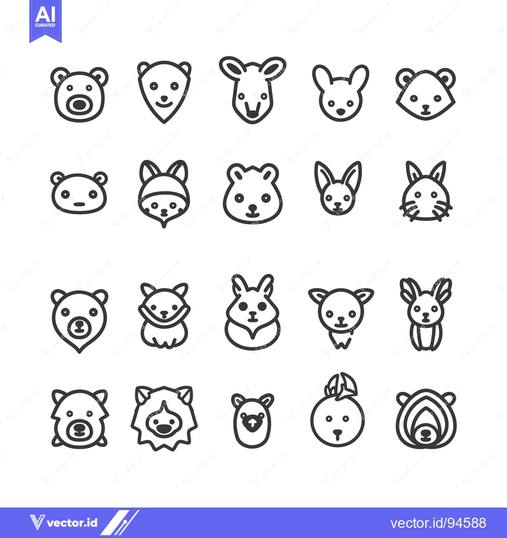 Premium Vector of Set of 20 Cute Animal Face Icons in Line Style