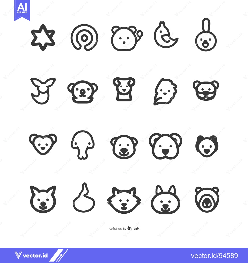 Premium Vector of Set of 20 Cute Animal Head Icons in Line Style