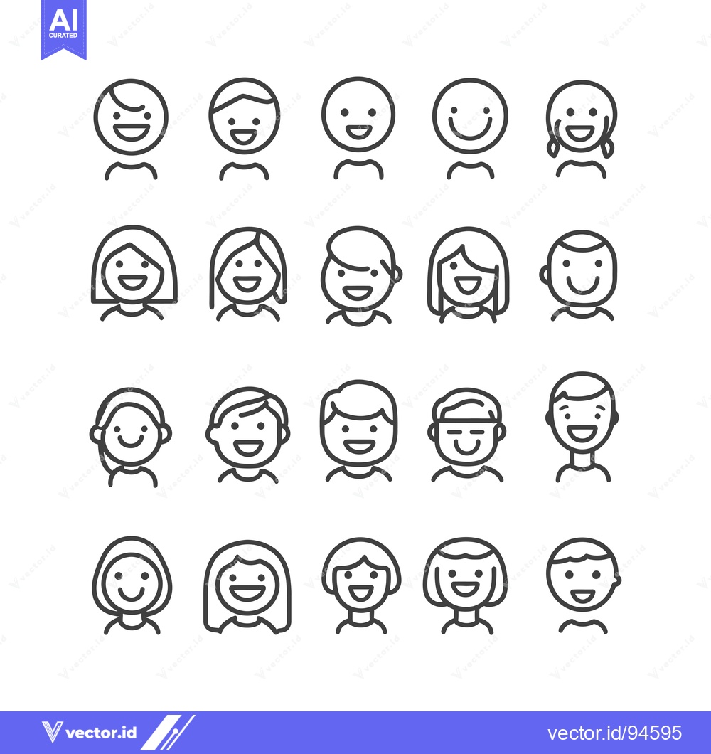 Premium Vector dari Set of 20 Diverse Smiling Faces, Line Art Icons