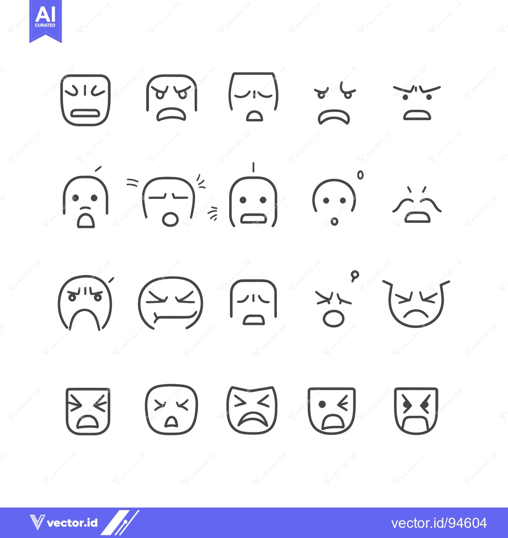 Premium Vector of Set of 20 Hand-Drawn Line Art Emojis Expressing Anger, Frustration, an