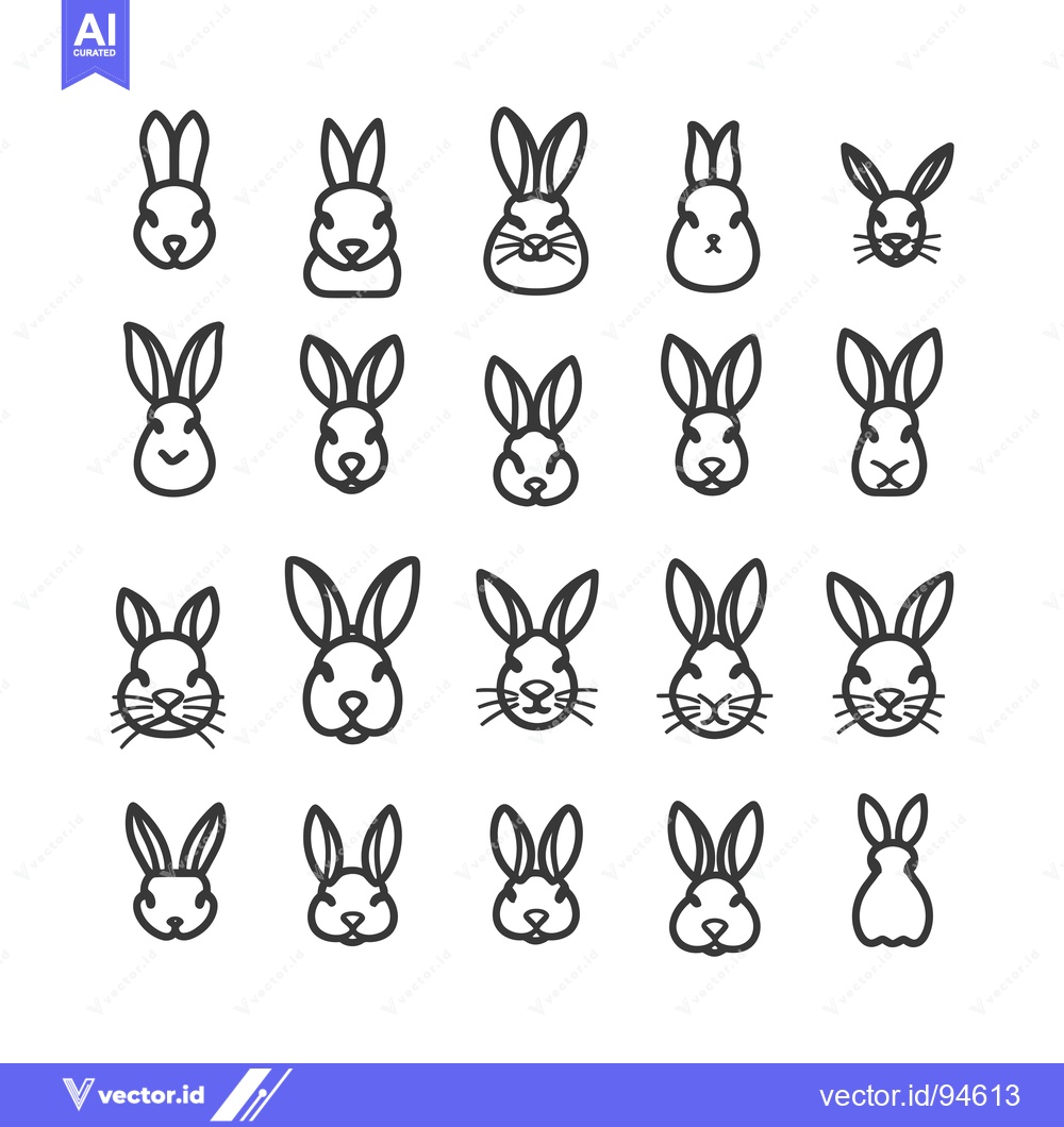 Premium Vector dari Set of 20 Line Art Bunny Rabbit Face Icons