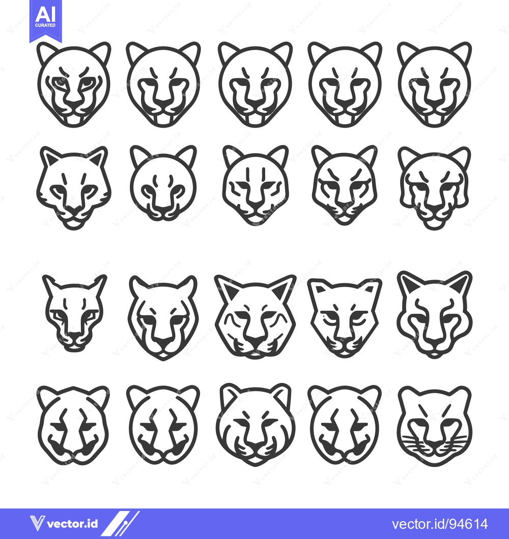 Premium Vector dari Set of 20 Line Art Cougar, Puma, Mountain Lion Heads
