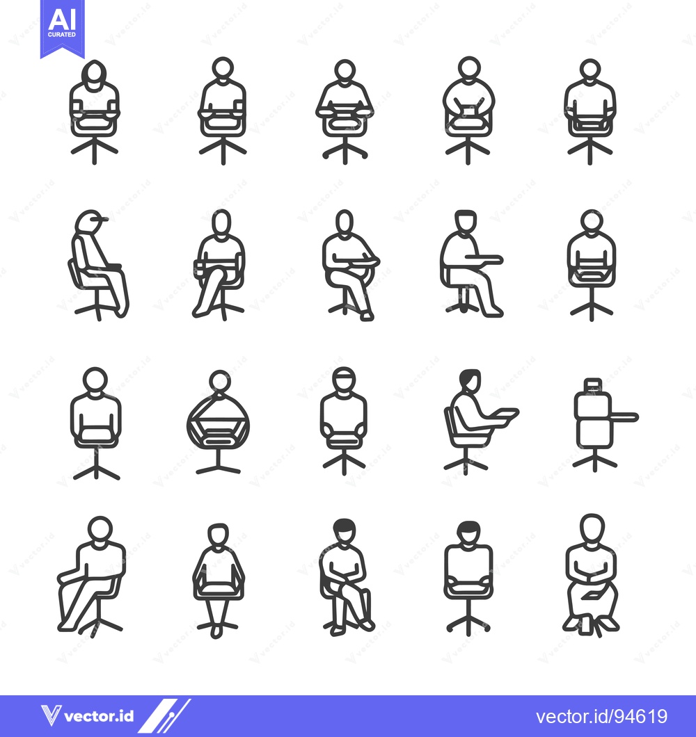 Premium Vector dari Set of 20 line icons depicting people sitting on different office chai