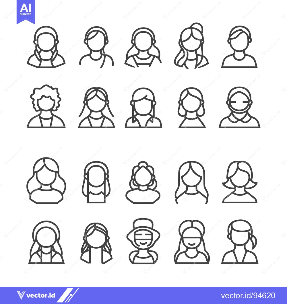 Premium Vector of Set of 20 Line Icons Depicting Women with Different Hairstyles