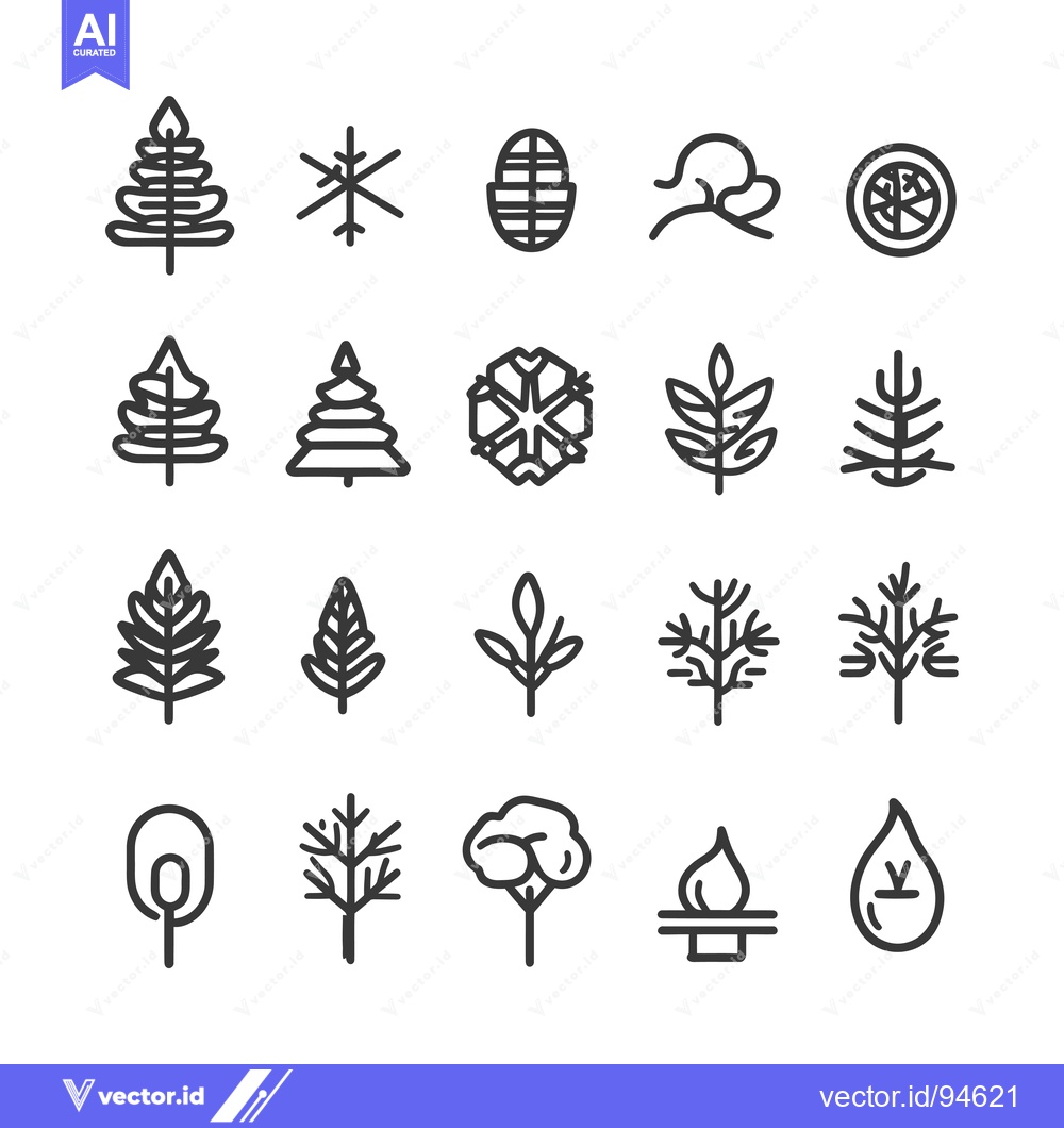 Premium Vector of Set of 20 Line Icons Featuring Different Tree and Leaf Shapes